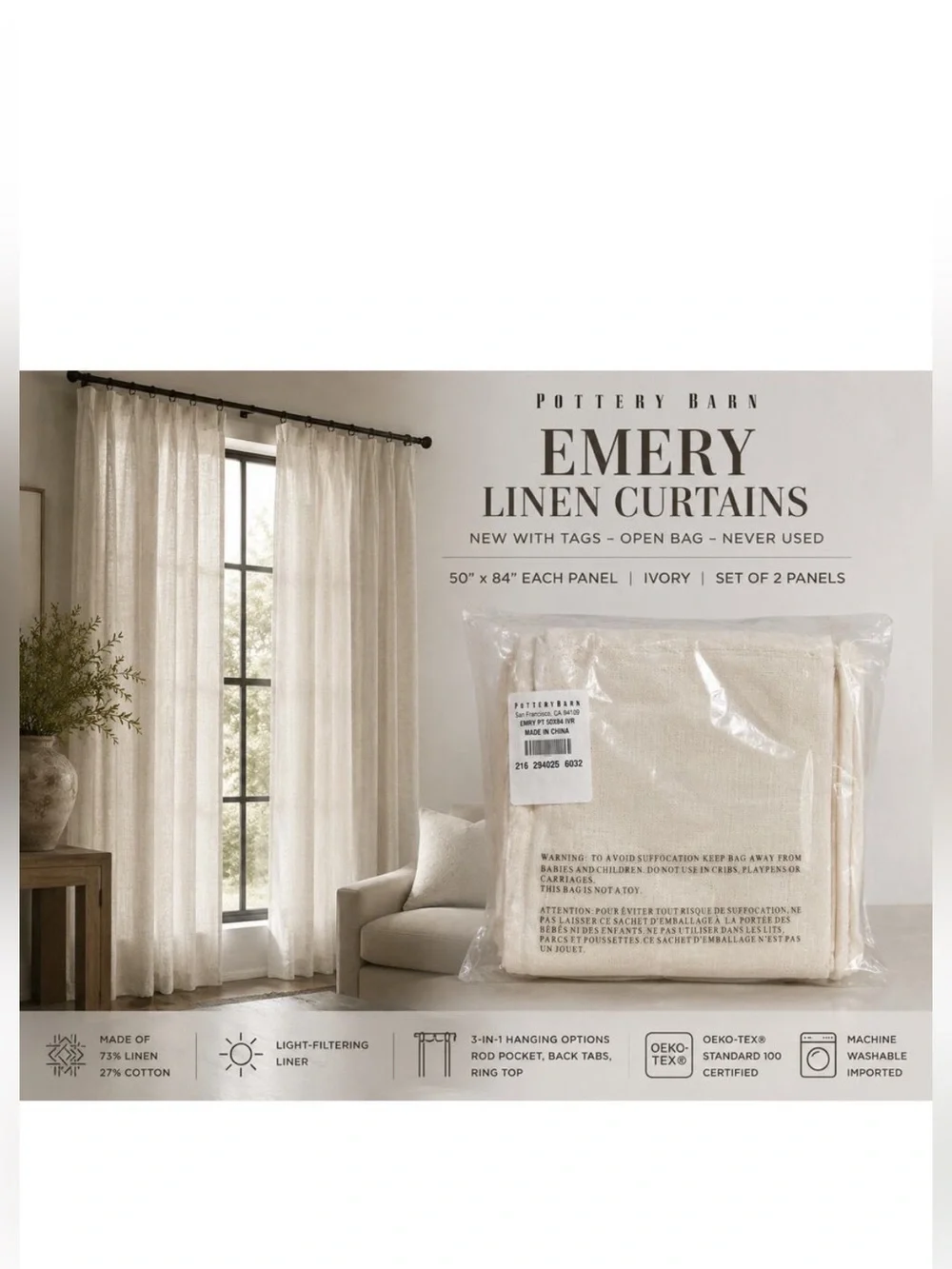 Pottery Barn Emery Ivory Linen Drape Set/ 2 Curtain Panels • 50” x 104” • NWOT
